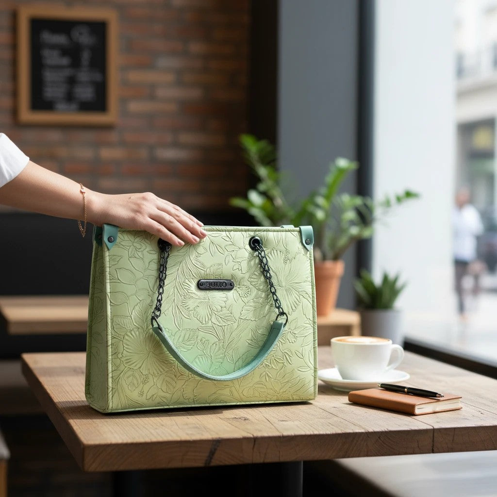 Graciza Flora light mint faux leather shoulder bag with floral embossing and black chain detail on a cafe table.