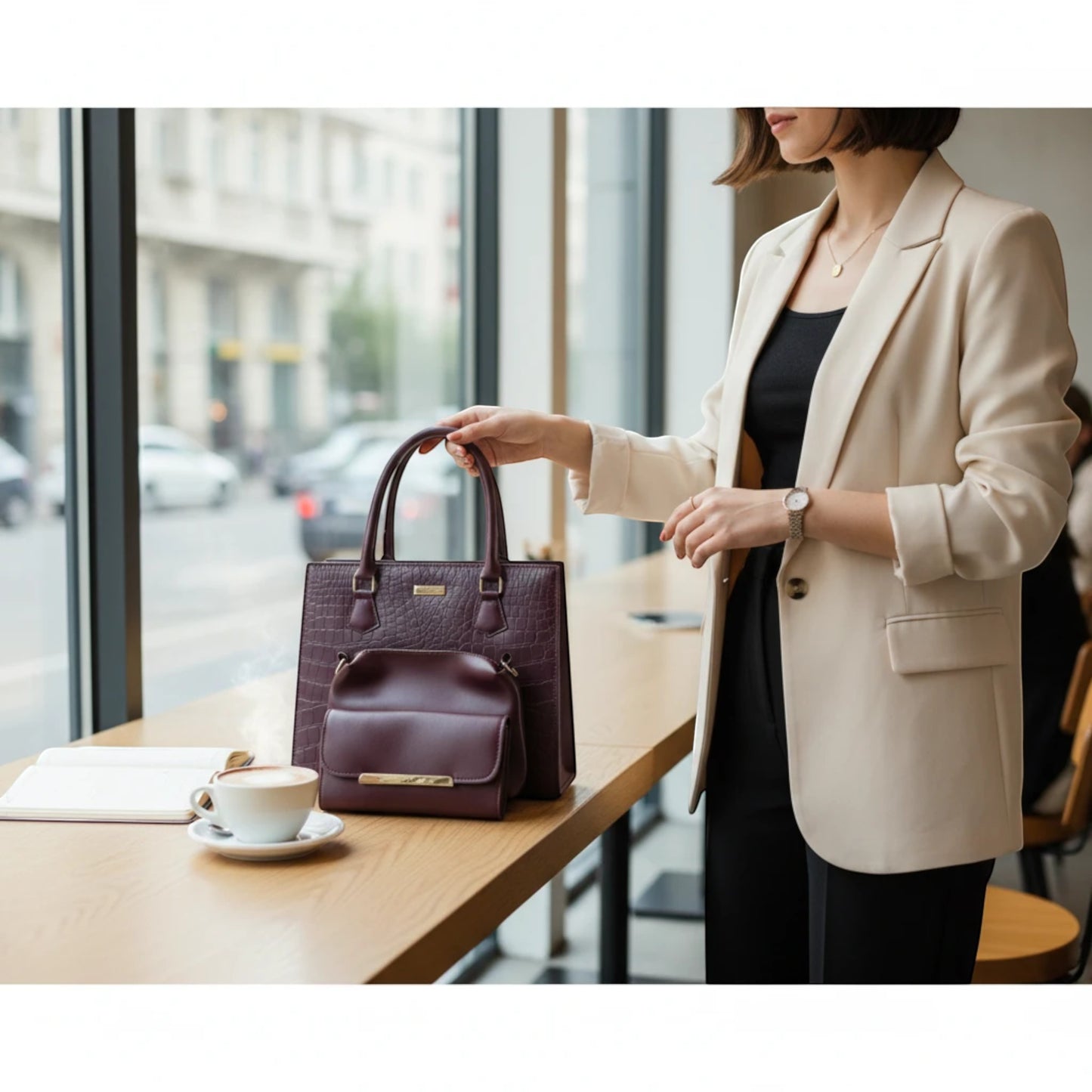 Graciza Lyra burgundy faux leather handbag set with crocodile texture and gold hardware held by a woman in a cafe.