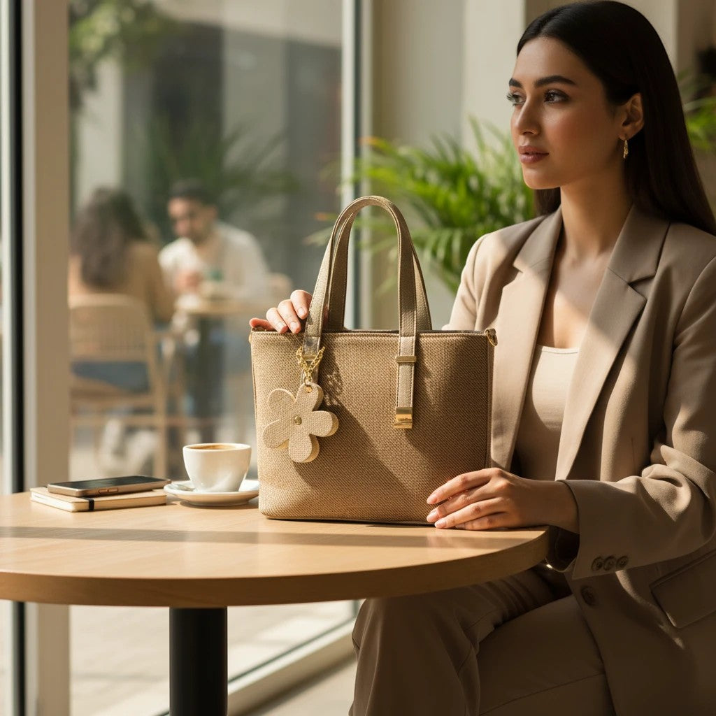 Graciza beige faux leather handbag with floral charm, held by a woman in a cafe setting.
