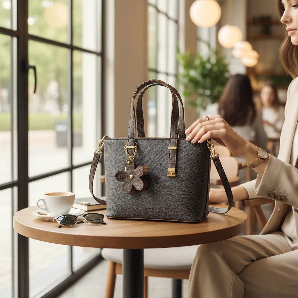 Graciza brown faux leather handbag with floral charm, adjustable strap, and twin handles on a cafe table.