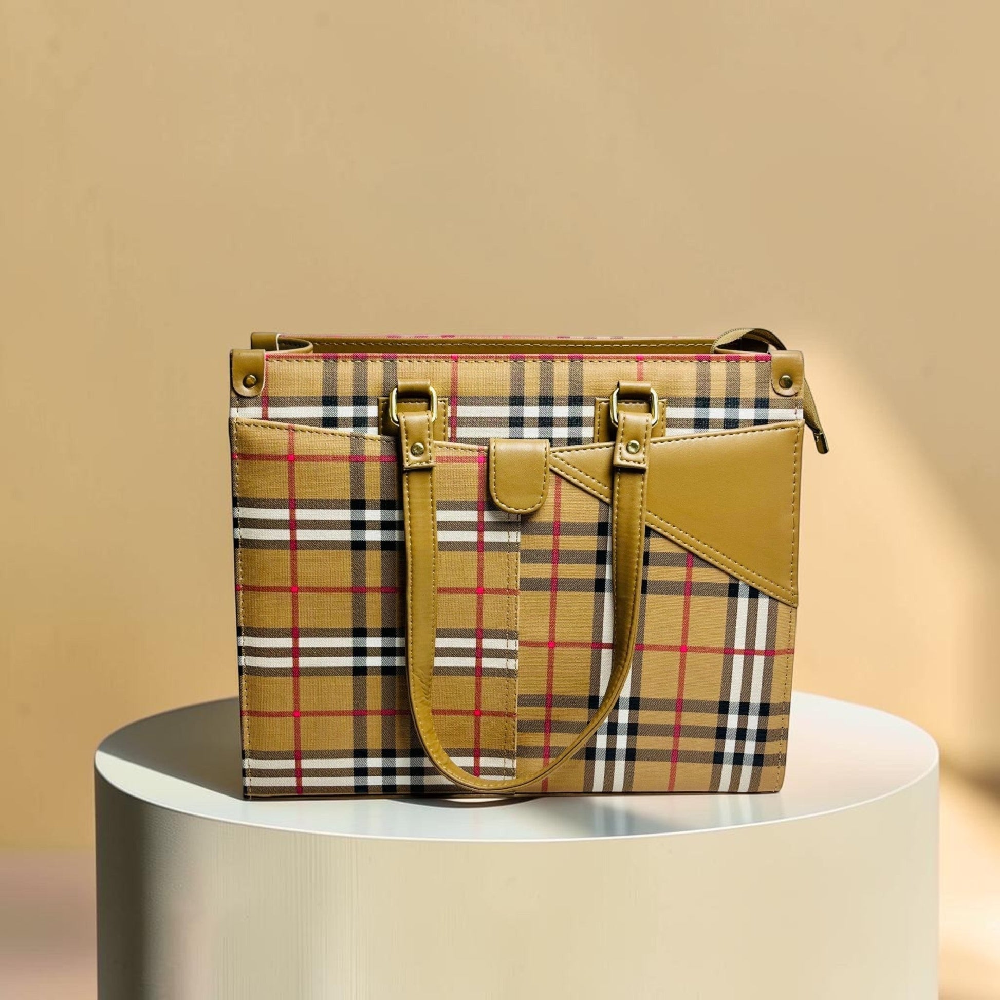 Graciza Nova Camel structured faux leather tote bag with a classic checkered pattern, tan accents, and twin handles.