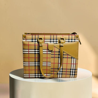 Graciza Nova Camel structured faux leather tote bag with a classic checkered pattern, tan accents, and twin handles.