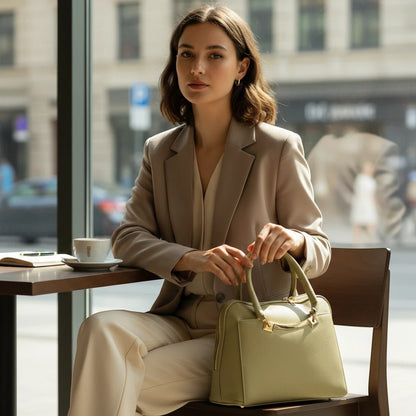 A woman in a beige blazer holding a beige Graciza Elara faux leather handbag with gold hardware at a cafe table.