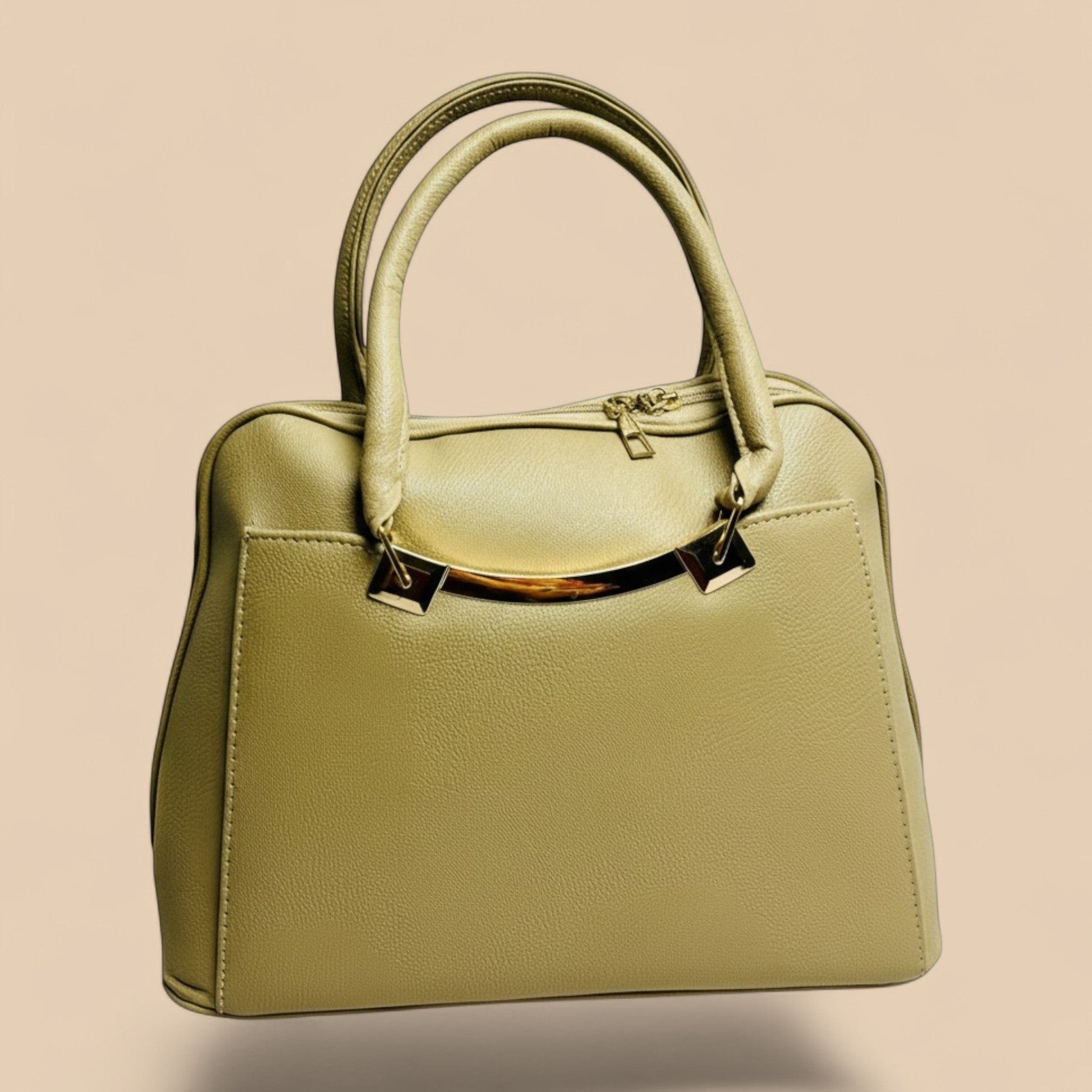Graciza Elara beige faux leather handbag with twin handles and polished gold hardware accents.