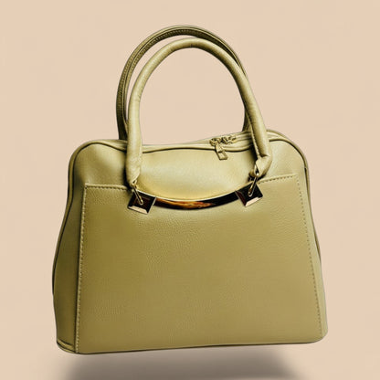 Graciza Elara beige faux leather handbag with twin handles and polished gold hardware accents.