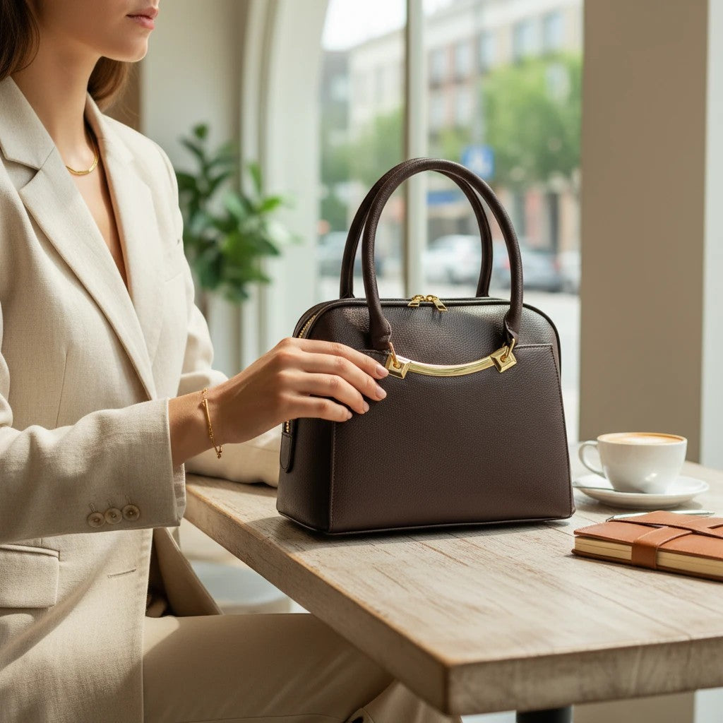 Graciza Elara chocolate brown faux leather structured handbag with gold hardware, held by a woman in a beige blazer.