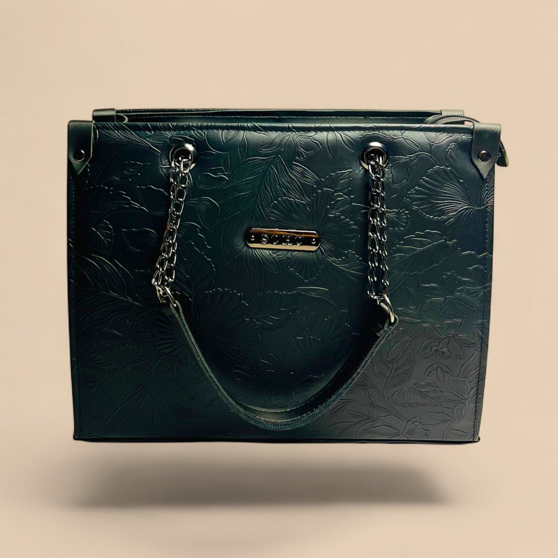 Graciza black faux leather Flora shoulder bag with floral embossed texture and decorative chain handle detailing.