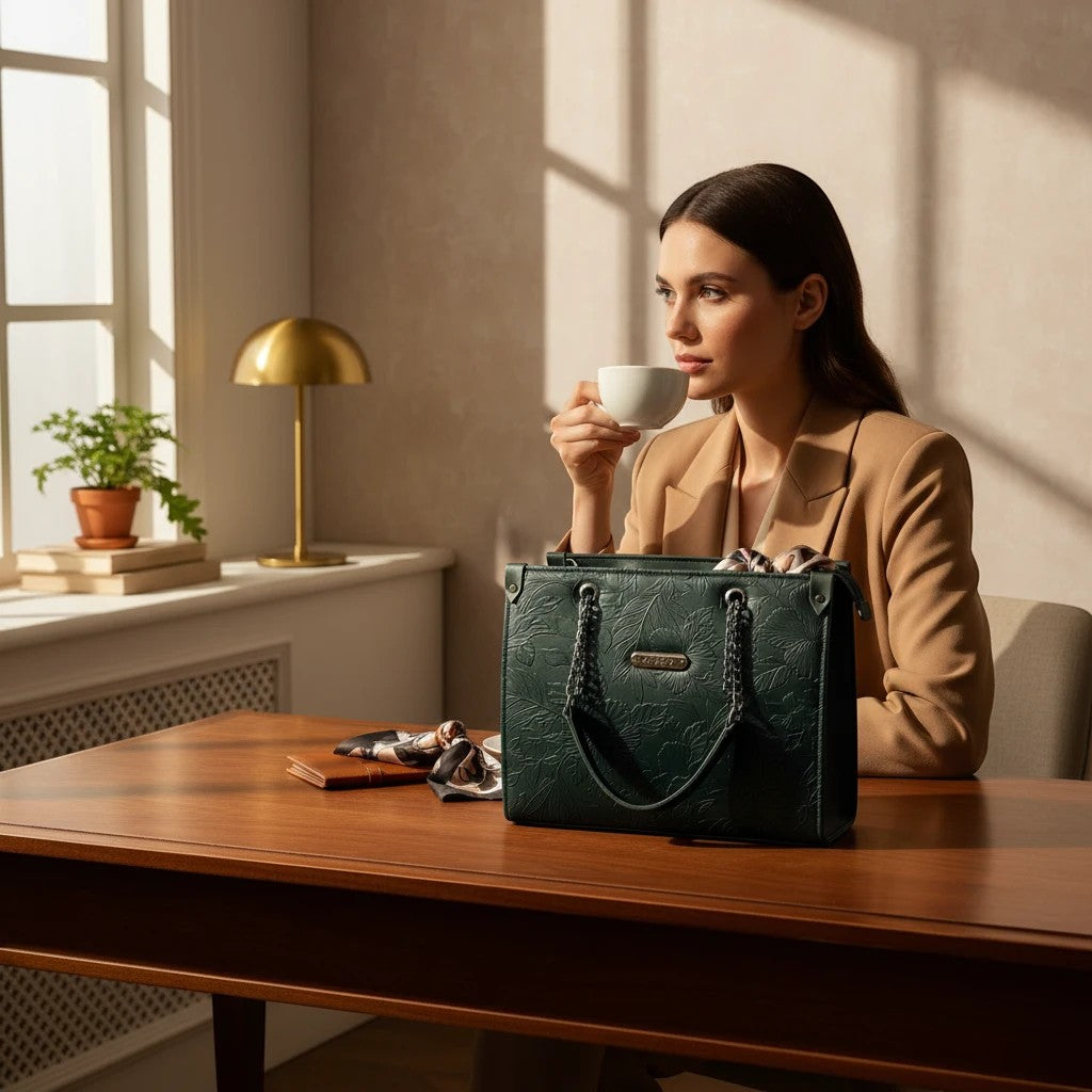 Graciza Flora shoulder bag in dark green faux leather with floral texture and chain handles on a wooden office desk.