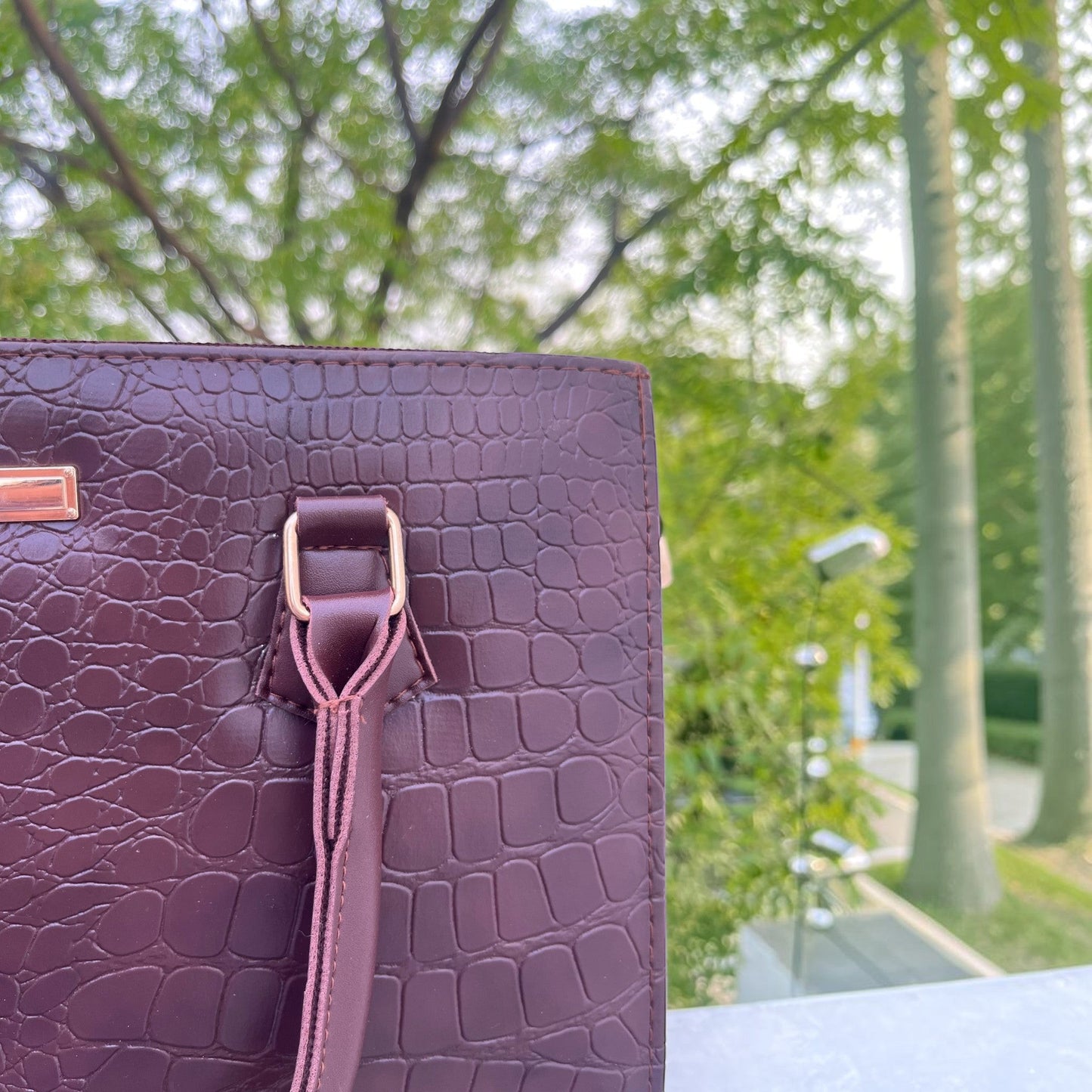 Graciza Lyra burgundy faux leather handbag with crocodile texture and gold hardware, set against a blurred garden.
