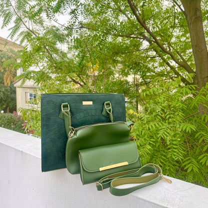 Graciza Lyra green faux leather handbag set with crocodile texture, gold hardware, and matching crossbody wallet.