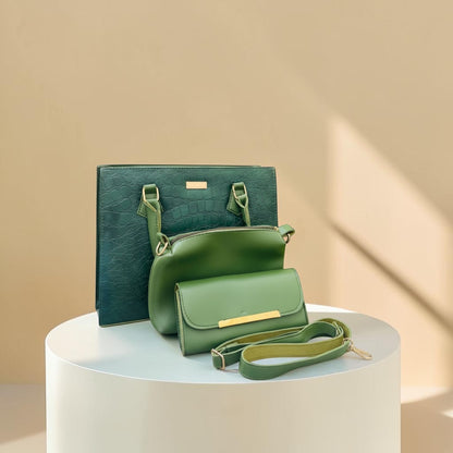 Graciza Lyra green handbag set with crocodile texture, crossbody bag, and wallet featuring gold-tone hardware.