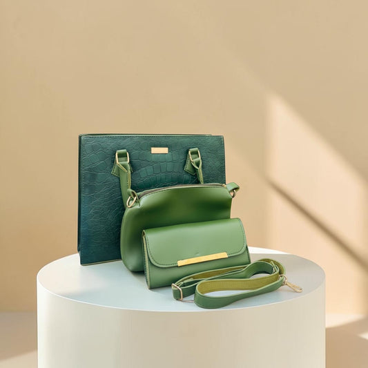 Graciza Lyra green handbag set with crocodile texture, crossbody bag, and wallet featuring gold-tone hardware.