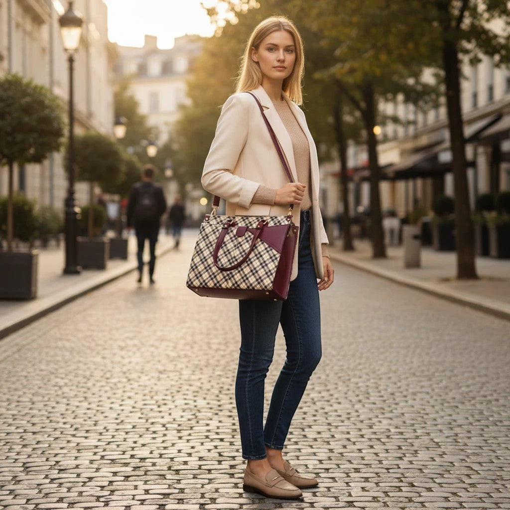 Graciza Nova Tote in maroon and tan checkered faux leather with adjustable strap, worn by a woman on a city street.